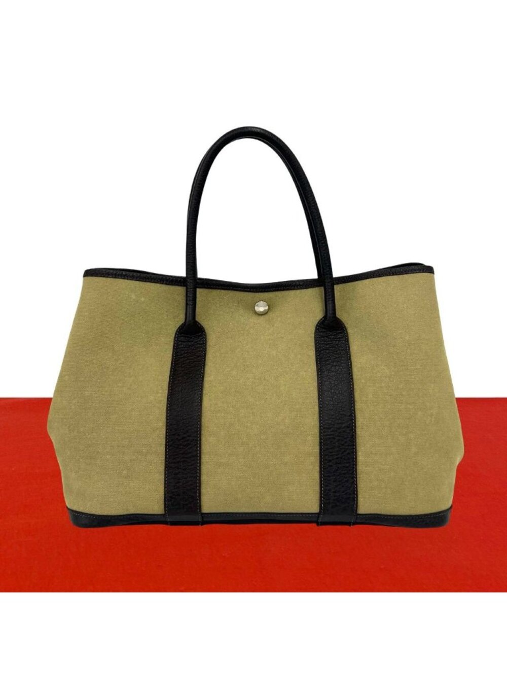 Hermes Garden Party PM Toile Officier Buffalo Leather Tote Handbag Khaki Brown
